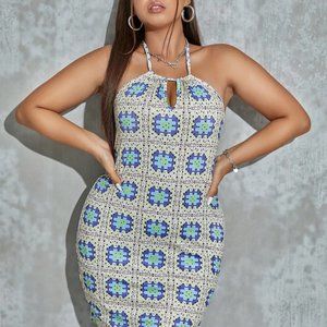 Plus Allover Print Tie Backless Halter Bodycon Dress-Size 12